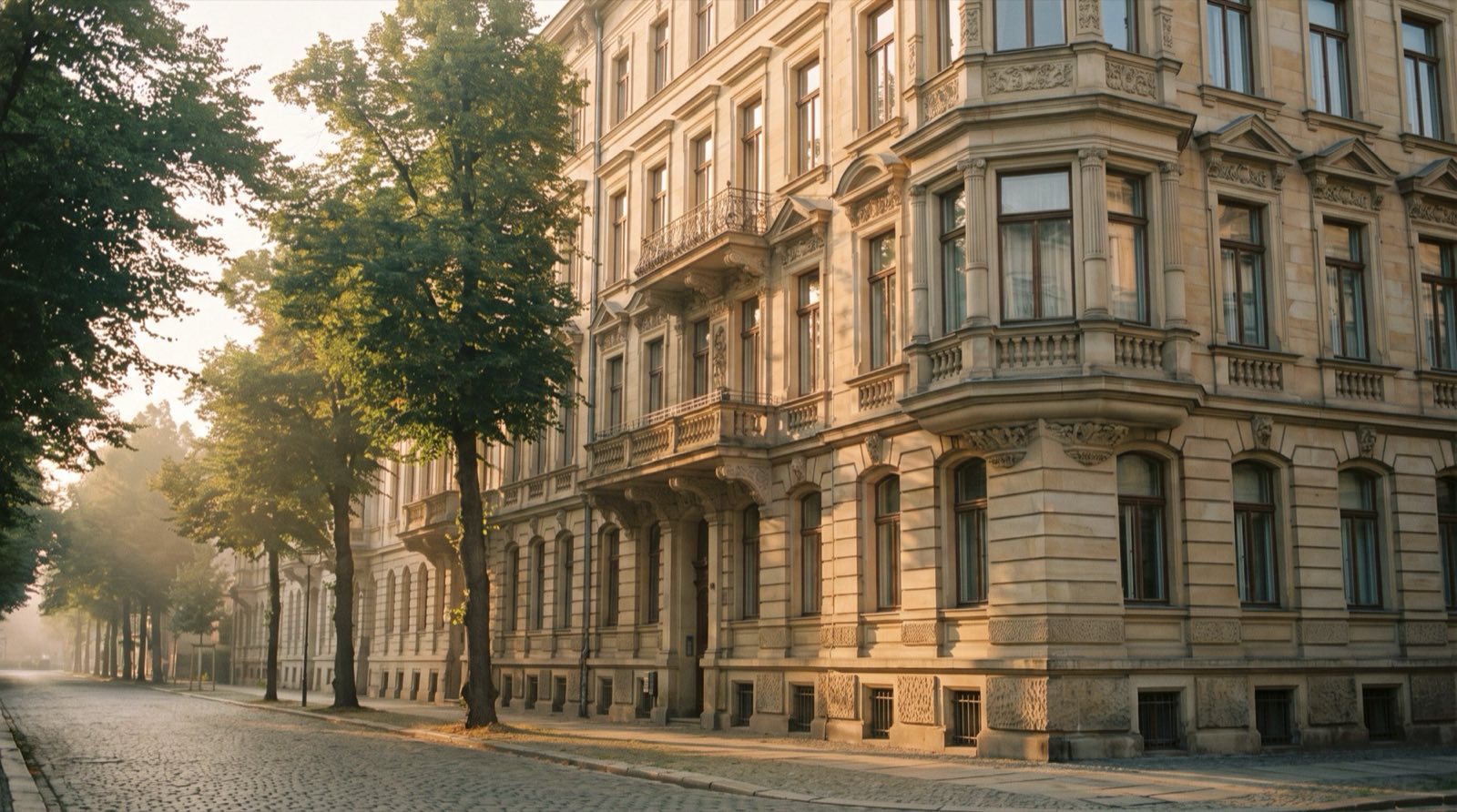 Gründerzeitfassade in Leipzig im Abendlicht